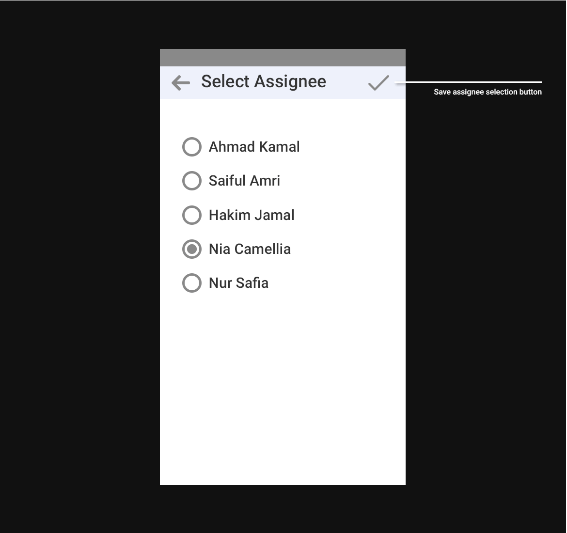 Select Assignee Wireframe